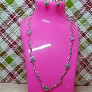 Silver Plated Faux Stone Vintage Necklace with Stud Earrings Costume Jewelry #95